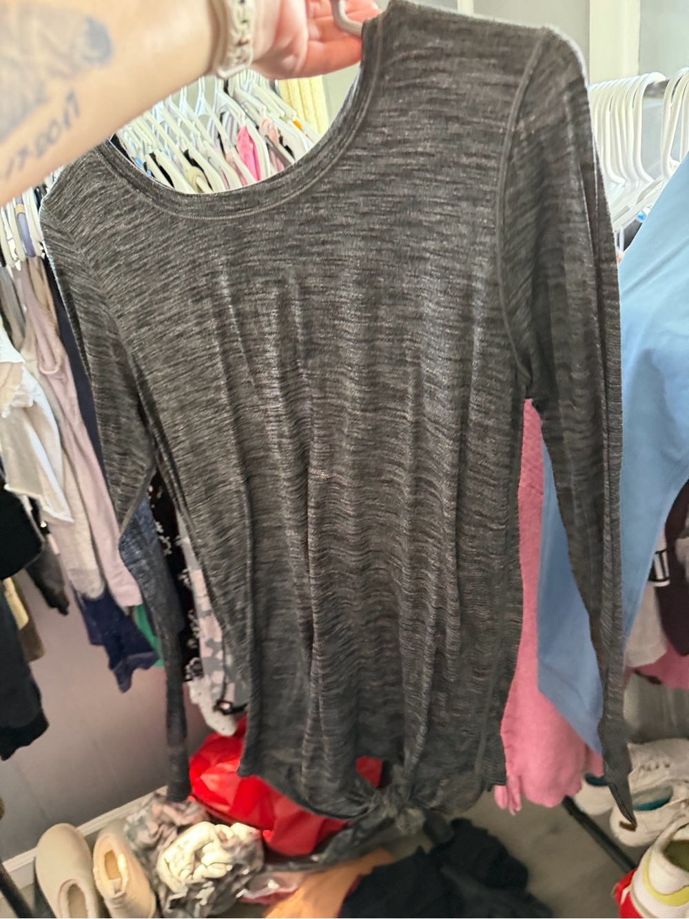 Women's Charcoal Gray Long-Sleeve Knit Top with Front Tie